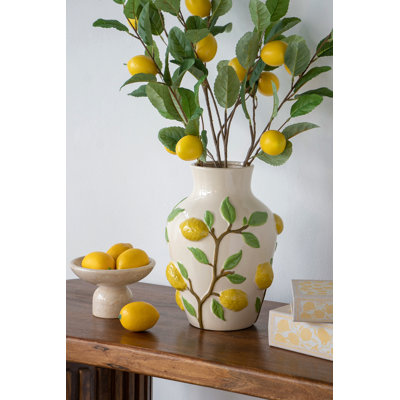 Vase en céramique 9X9X12.5 "blanc avec des accents de citron jaune vif