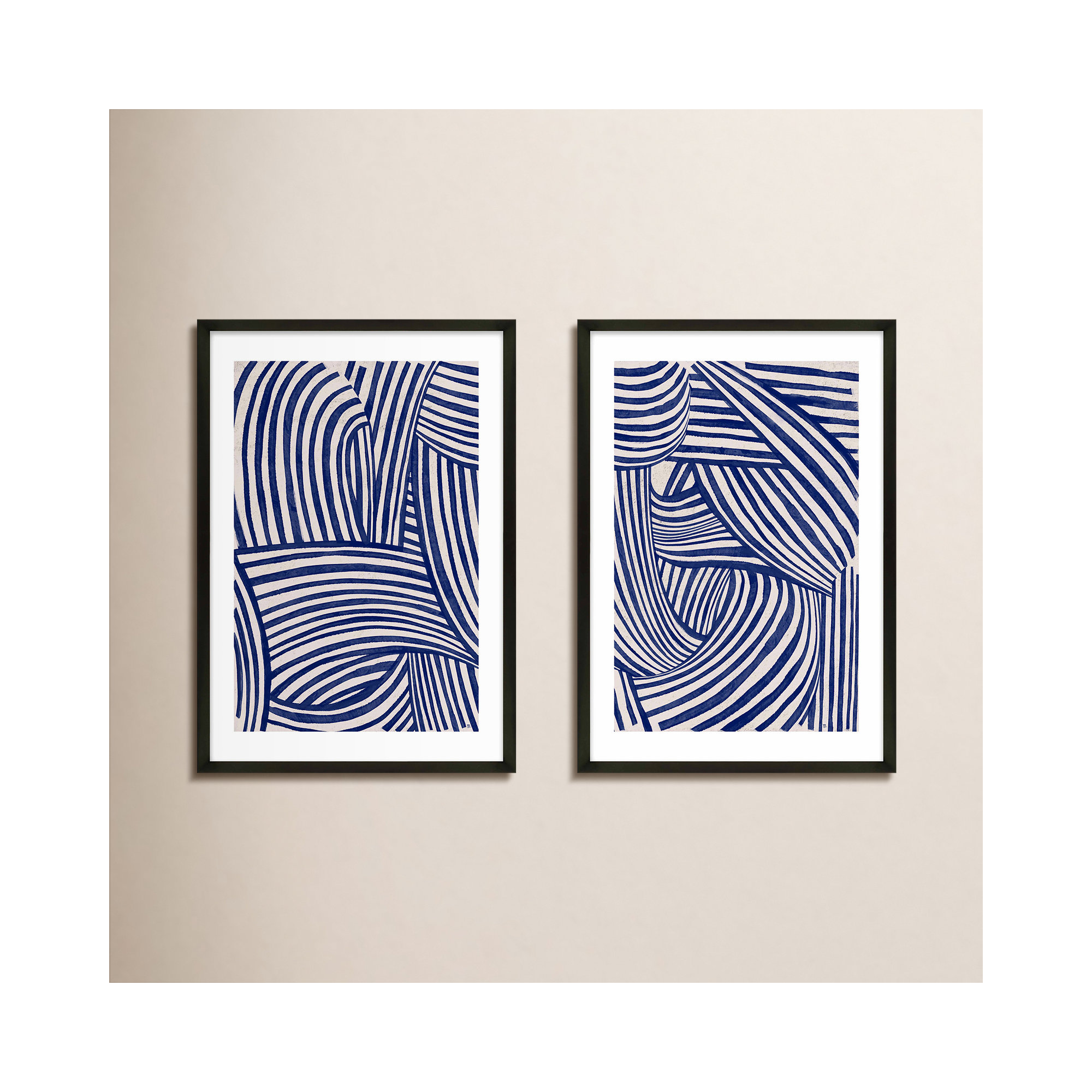 Blue Waves. Set of 2 by Marco Marella for Studio M - Framed Wall Art, 30" H x 21" W x 1.25" D, Black Framed