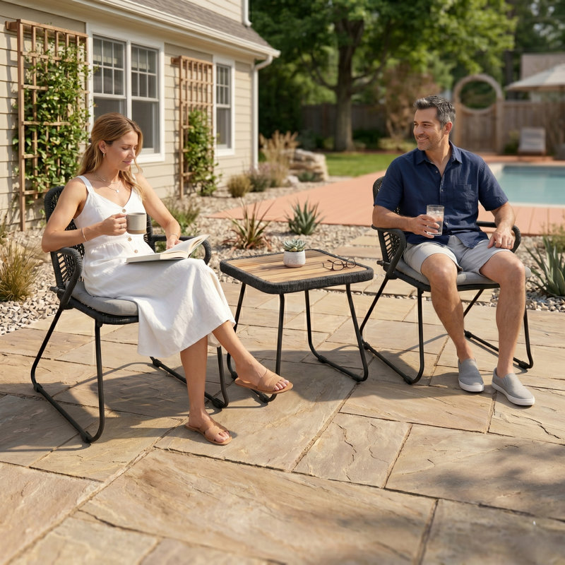 Bristol 3-piece Outdoor Bistro Set - Rope Woven Patio Furniture Set With Acacia Wood Table - Stackable Chairs, No Assembly