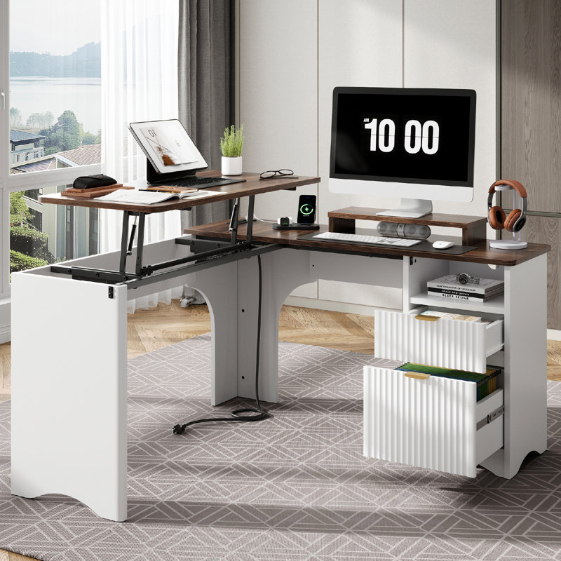 Daymen 55Inch Lift Top L Shaped Desk with Power Outlet, Fluted Computer Desk with File Drawer and shelf , Home Office Desk with Monitor Stand and Cable Management