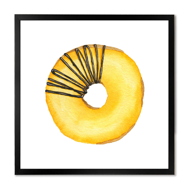 Donut jaune avec chocolat - peinture sur toile, H 17,5 po x l 17,5 po x P 1 po, Cadre noir