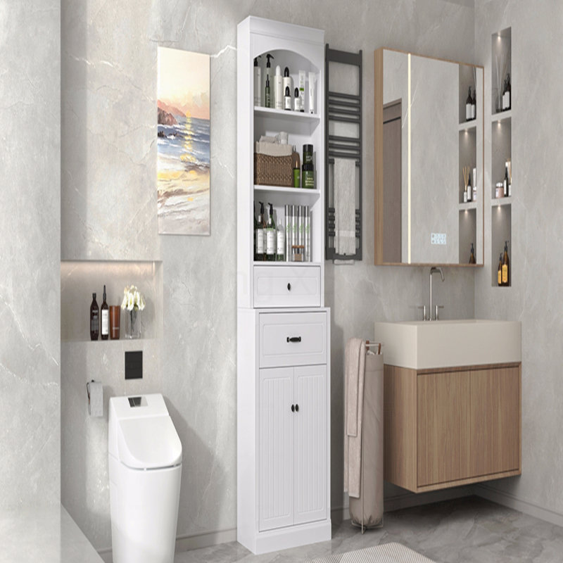 Bathroom Storage Cabinet With 2-Doors, Drawers, Adjustable Shelves And Three Open Shelves – Durable Mdf Construction