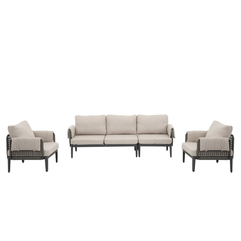 4 Pieces Aluminum Patio Furniture Set Rope Woven Outdoor Furniture Set with Thick Cushions and Removable Armrests, Grey