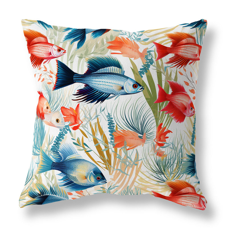 Oreiller réversible intérieur / extérieur Fish Paradise, H 16 po x l 16 po, Bleu/rouge