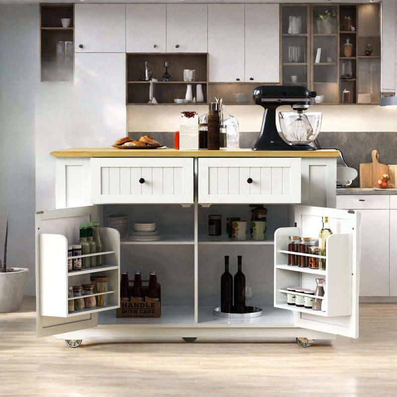 Large Rolling Kitchen Island With Drop Leaf, Power Outlet, Internal Storage Racks, 5 Open Side Racks, 2 Drawers, An Adjustable Shelf