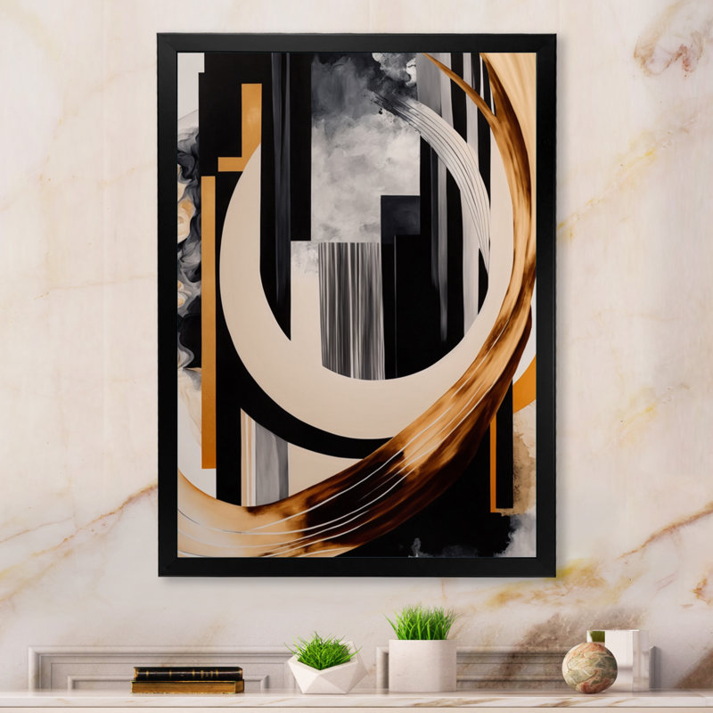 «Gold Touch Art Deco I», art mural abstrait grand, H 20 po x l 12 po x P 1 po, Impression noire sur toile encadrée