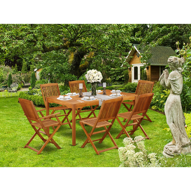 Ensemble de salle à manger 7 pièces pour patio composé d'une table d'extérieur rectangulaire en bois d'acacia et de 2 fauteuils pliables avec 4 chaises d'appoint, 36 po x 66 po, huile naturelle