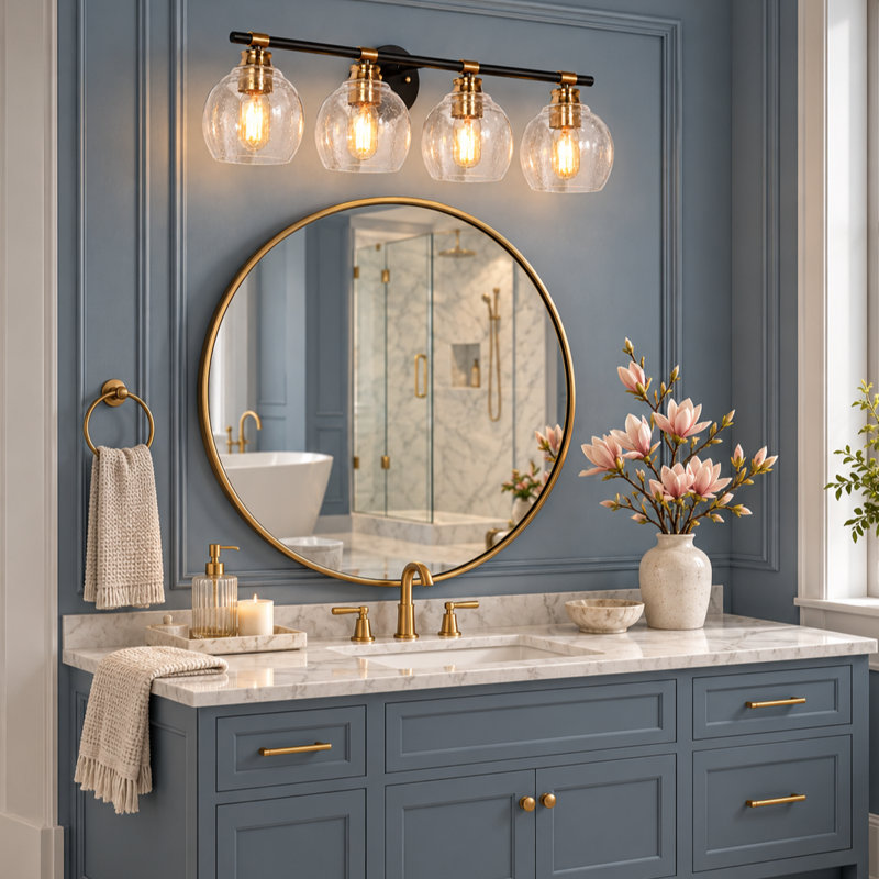 Éclairage de salle de bain à 4 lumières à intensité variable noir / laiton avec verre bullé Mariello