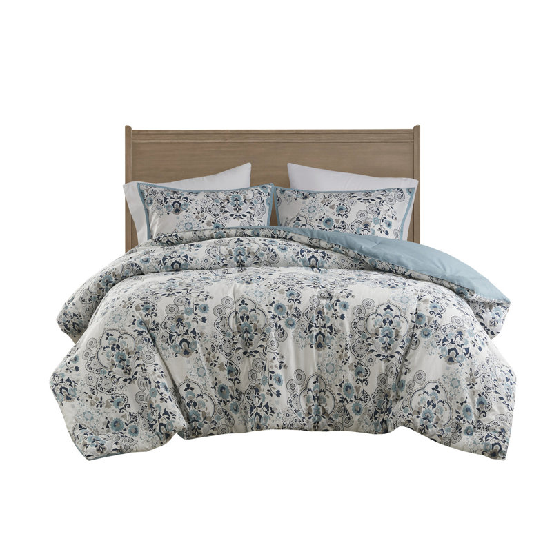 Édredon 3 pièces en coton à imprimé floral bleu, très grand lavable à la machine, rembourrage 100%