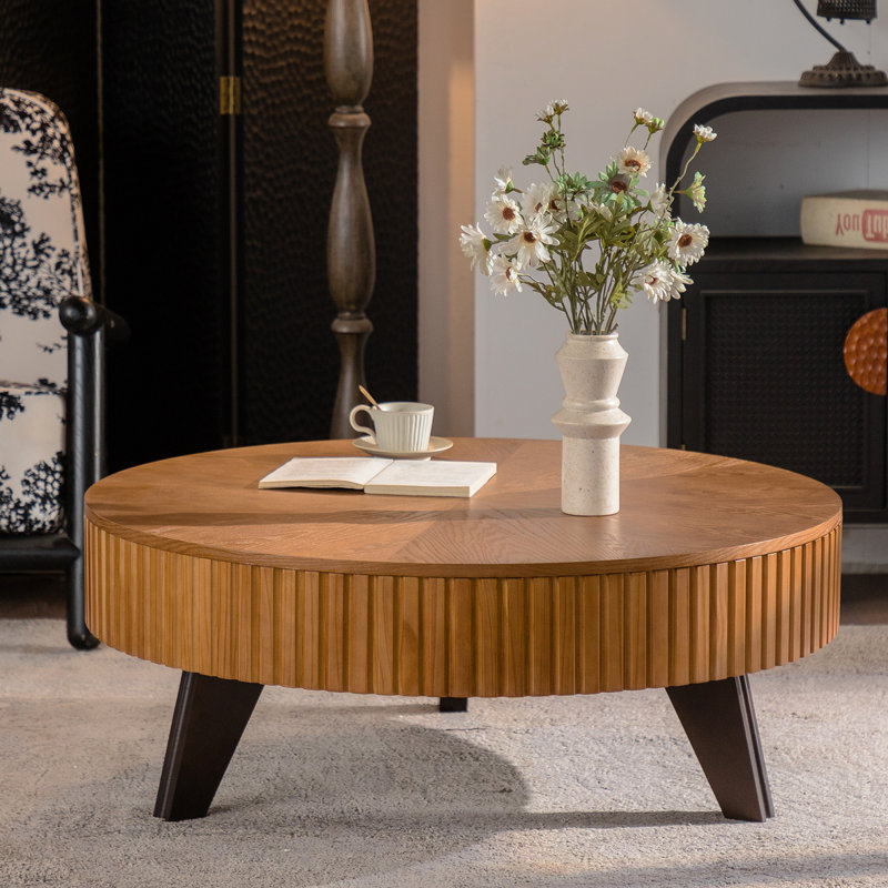 Table basse ronde 39,37 po avec espace de rangement, convenant au salon et au bureau, naturel