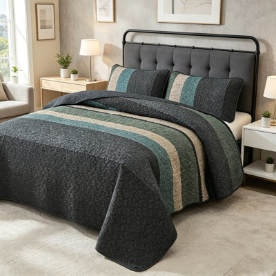 Ensemble de couette vert foncé, couvre-lit rayé bohème 3 pièces, format king