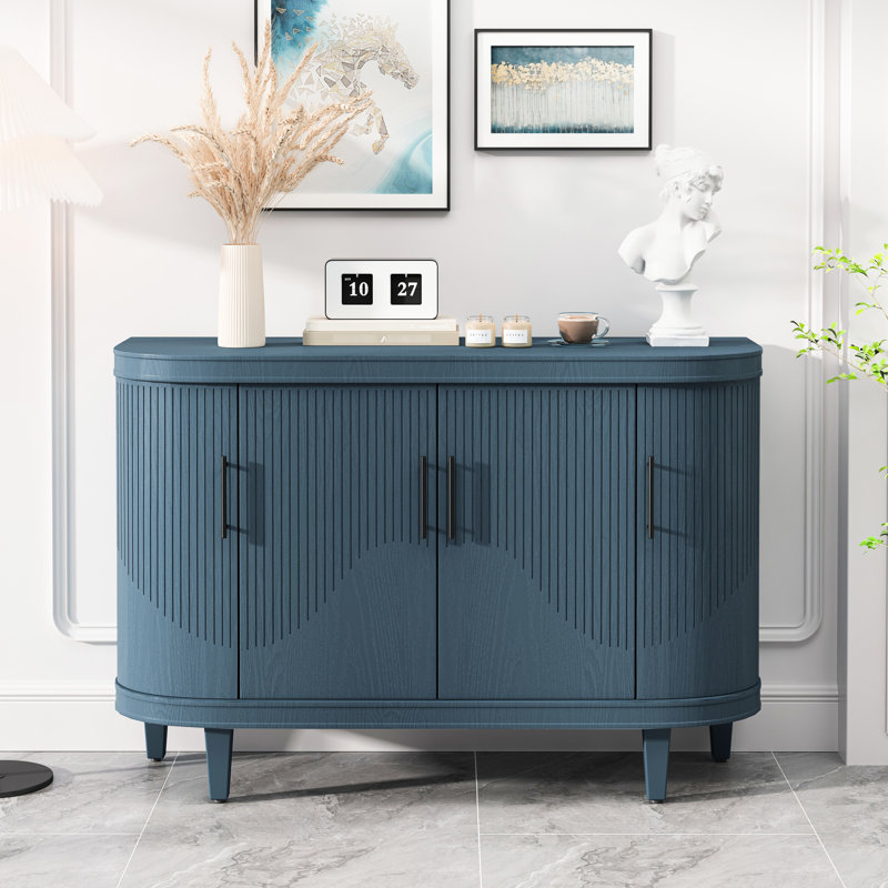 Buffet bleu moderne en bois, console de 47,2 pouces avec rangement, 4 portes et tablettes intérieures réglables pour la chambre à coucher