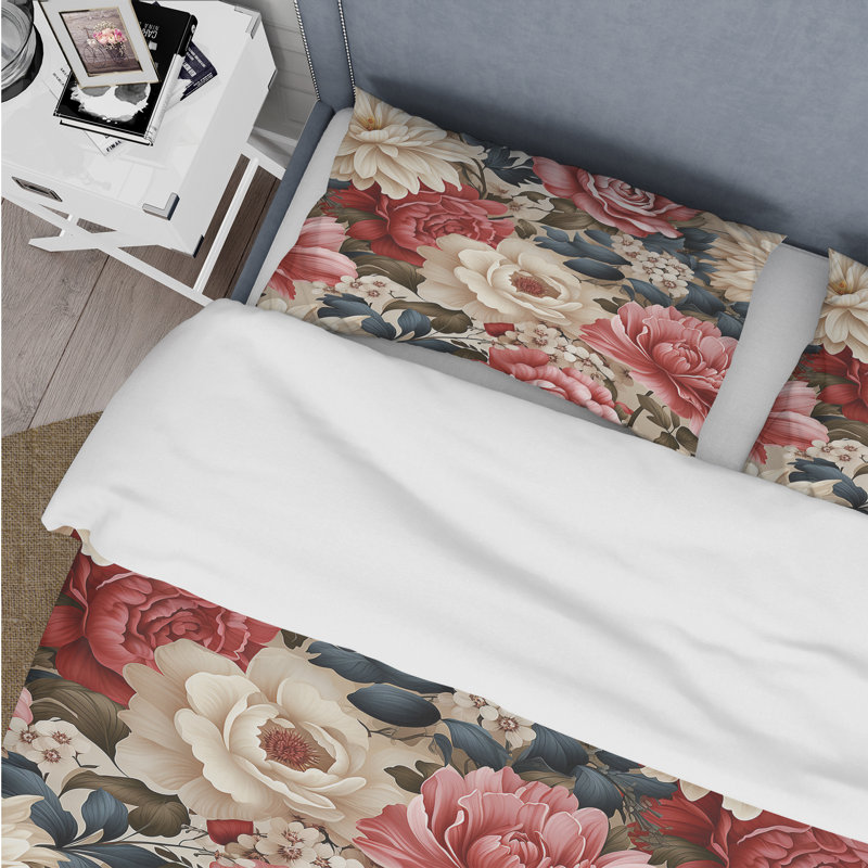Ensemble de housse de couette à motif floral beige avec motif floral rétro I, Housse de couette pour très grand lit et 2 très