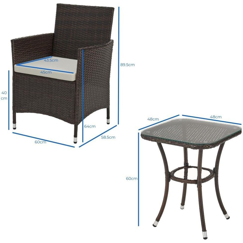 Lark Manor Sunray Outdoor Rattan Garden Bistro 3 Piece Set with Cushions Glass Top Table, Brown