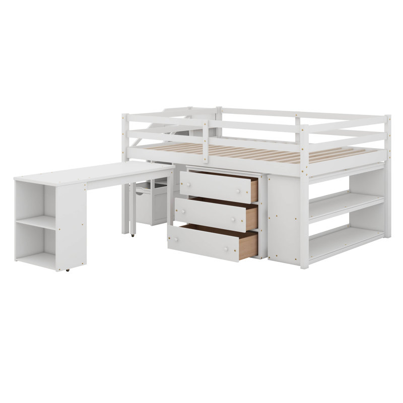 Lit mezzanine double pleine grandeur avec bureau d'écriture rétractable et 3 tiroirs, structure de lit mezzanine en bois avec escalier de rangement et tablettes pour les adolescents