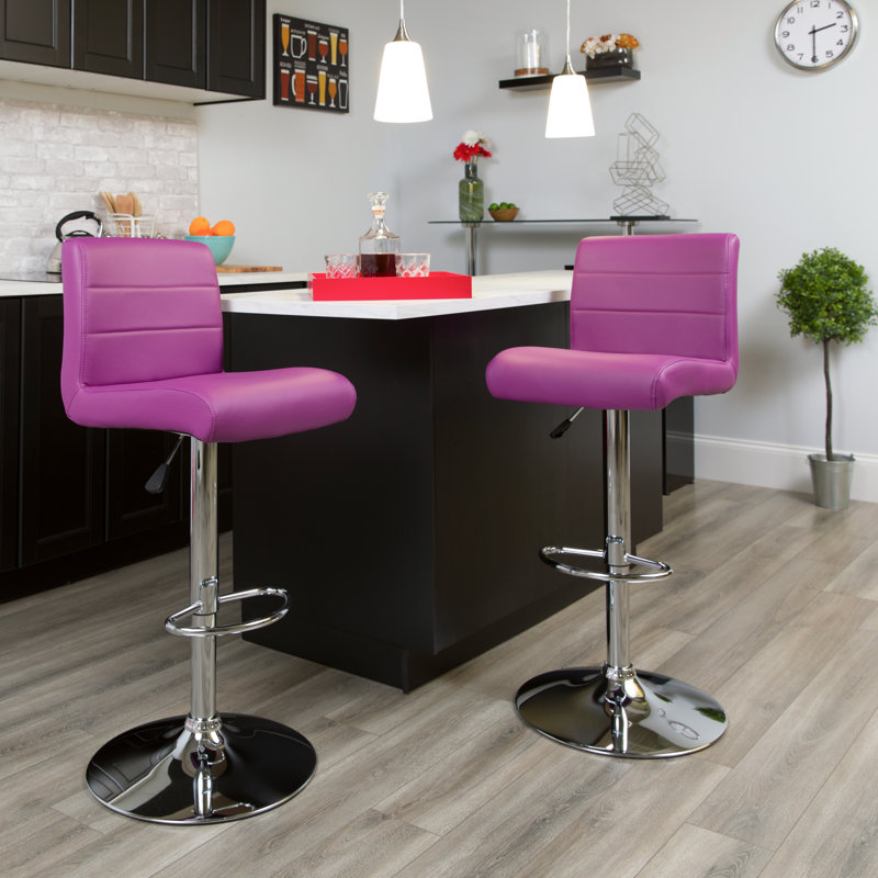 Contemporary Vinyl Adjustable Height Barstool with Rolled Seat and Chrome Base, Purple