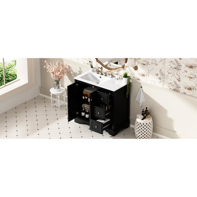 36-Inch Transitional-Style Bathroom Vanity With Soft-Close Doors, Divided Drawer, And Ceramic Sink Surface 36'' Featuring Solid Wood Frame, Sink, Smart Storage Solutions
