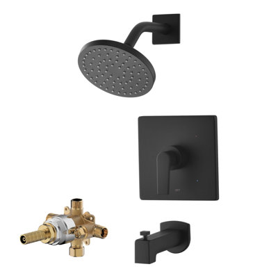 Système de garniture de douche de la collection Dean: pomme de douche ronde de 6 po, ensemble de poignées simples, bec de baignoire et soupape brute inclus - noir mat