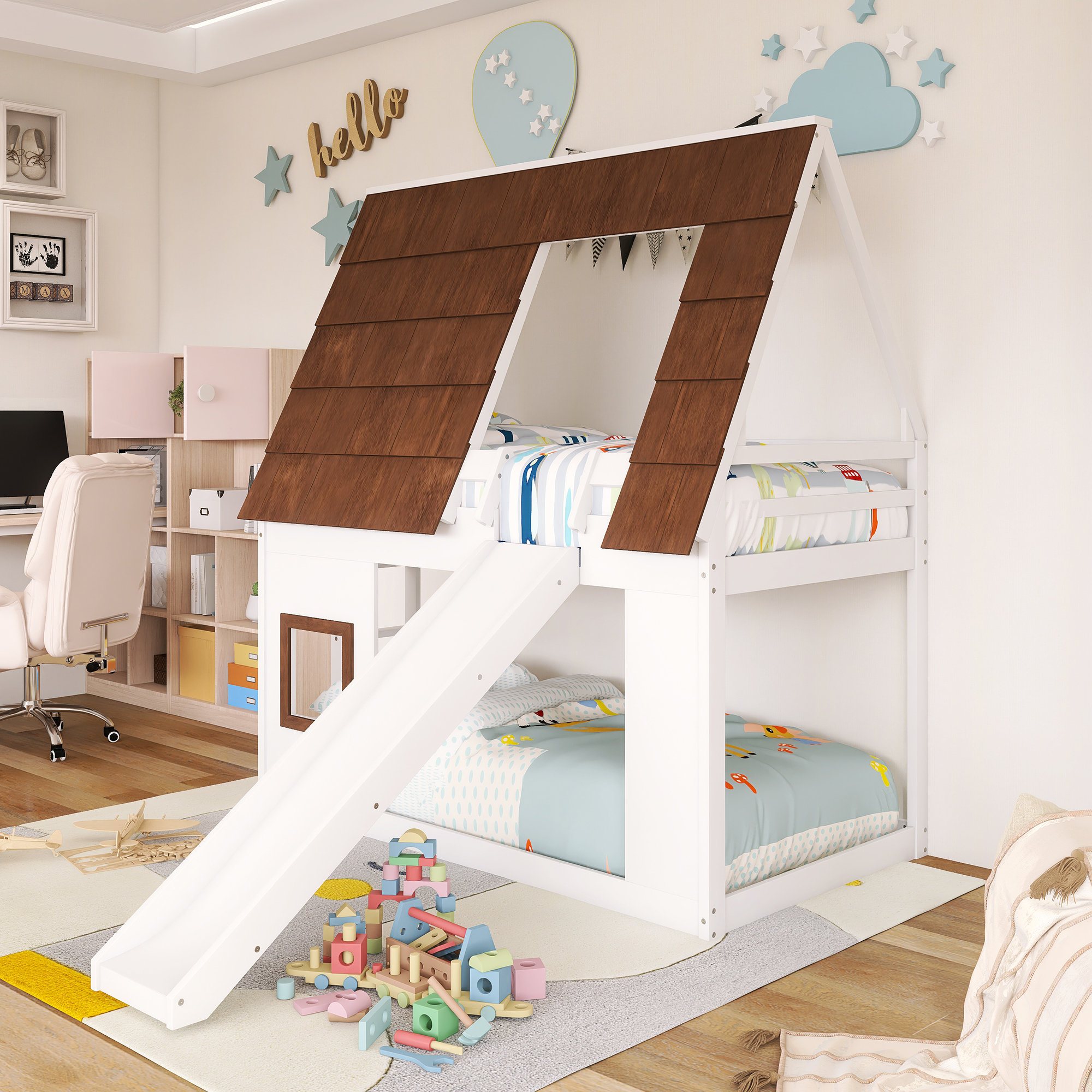 Harriet Bee Wood Frame Twin Over Twin Size House Bunk Bed With Roof ...