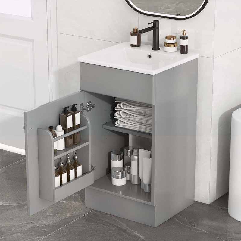 Meuble-lavabo polyvalent avec lavabo et nombreuses options de rangement, Gris, Argent argent