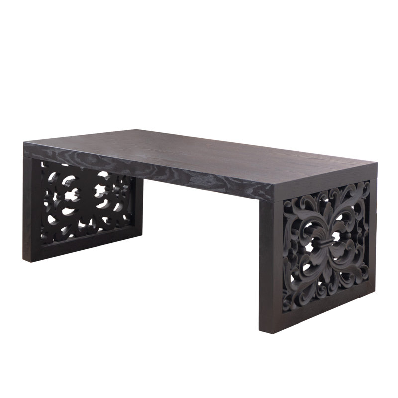 Table basse 47,2 "en bois massif sculpté - aspect fabriqué à la main avec panneaux latéraux ornés, Noir
