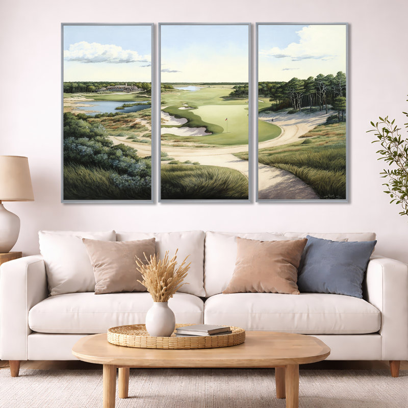 «Golf Course in The Summer», reproduction sur toile 3 pièces, Impression encadrée, H 40 po x l 60 po, Argent argent