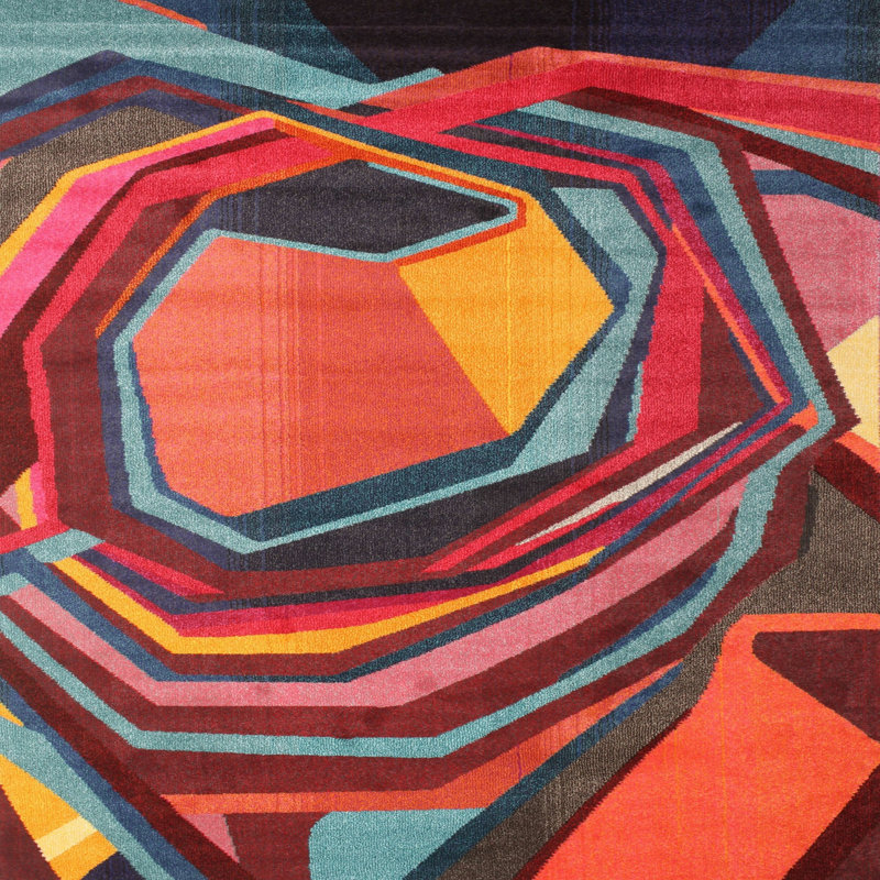 Tapis rouge/orange/rose zone contemporaine, Carré 5 pi