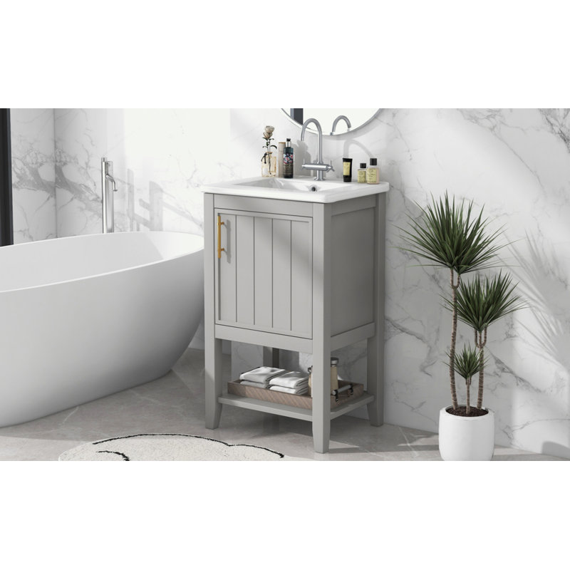Meuble-lavabo de 20 po avec lavabo, armoire de salle de bain avec porte à fermeture douce, support de rangement et tablette ouverte, gris