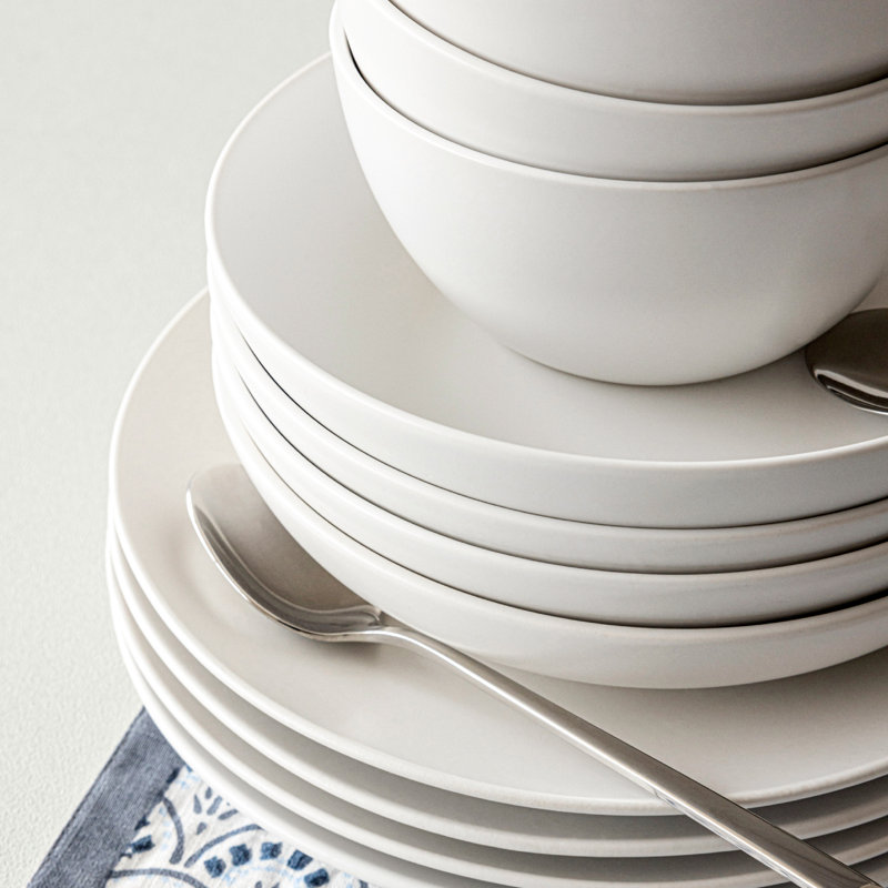 Service de table 12 pièces en grès semi-fini à la main, Blanc