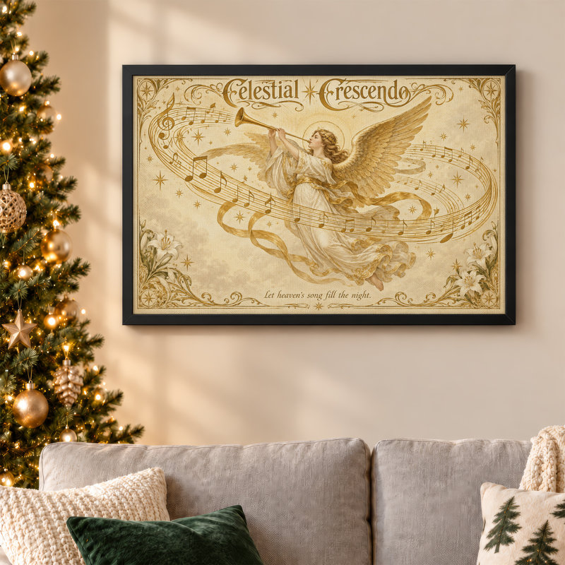 Toile de Noël avec ange doré jouant de la trompette avec notes de musique, H 16 po x l 24 po