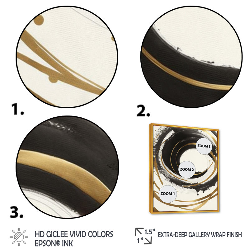 «Black and Gold Curves III» - art mural moderne sur toile, H 40 po x l 30 po x P 1,5 po, Cadre flottant doré