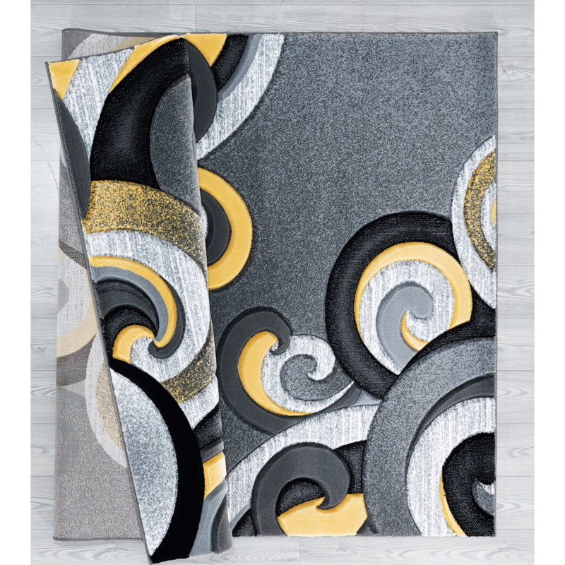 Tapis à motif cachemire abstrait jaune / gris / noir Zabala, Rectangle 1 pi 10 po x 2 pi 8 po