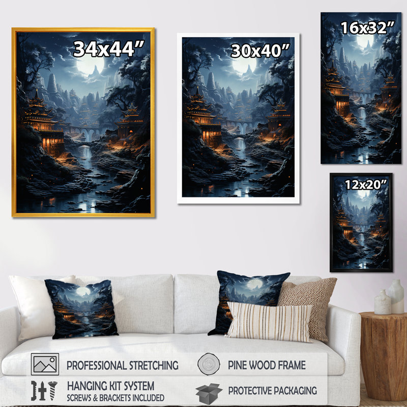 Moonlit Cliffside Mistery Landscape I - Moon, art mural, Toile tendue, 60" H x 40" W