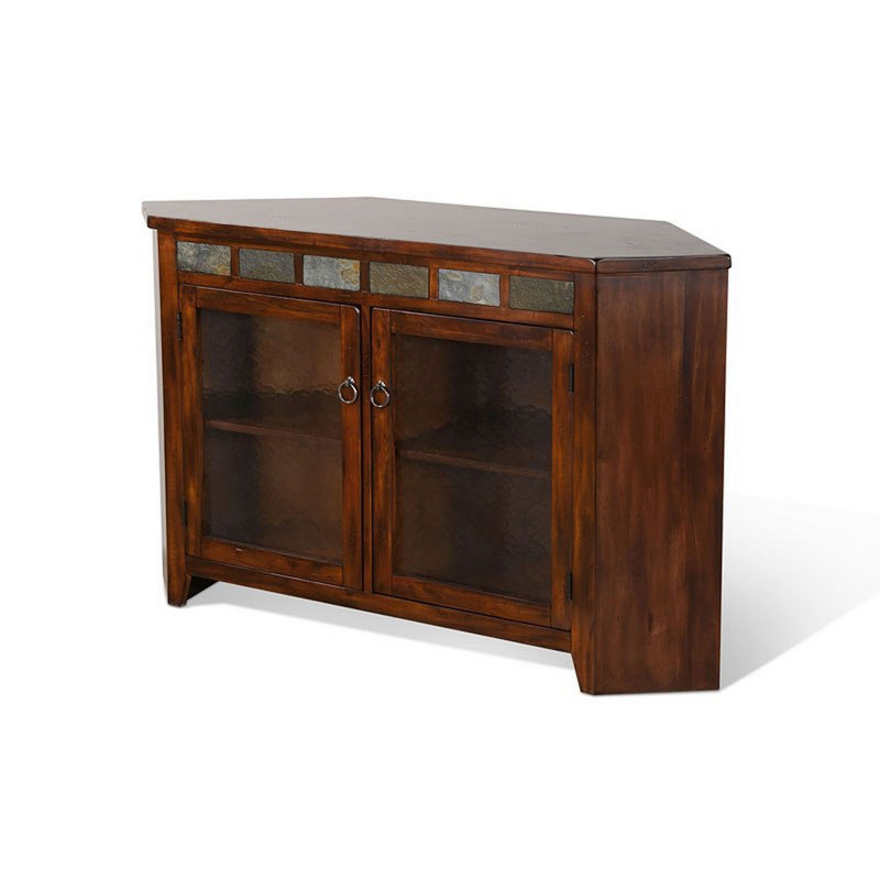 Console de coin Odel, portes en verre, acajou brun foncé, 55 po