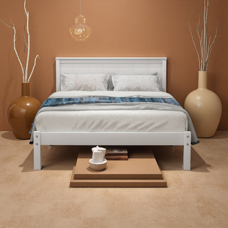 Base de lit plateforme avec tête de lit, Lit simple, Blanc