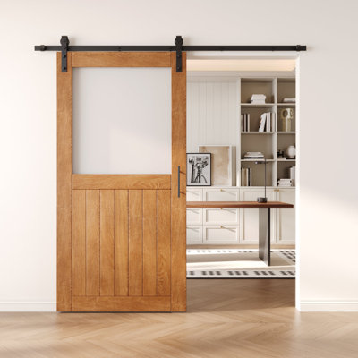 Homacer Early American 32in x 80in Half Lite Glass Design Unassembled & Finished Barn Door with Non-Bypass Installation Hardware Kit, 5.5ft track, interior use only