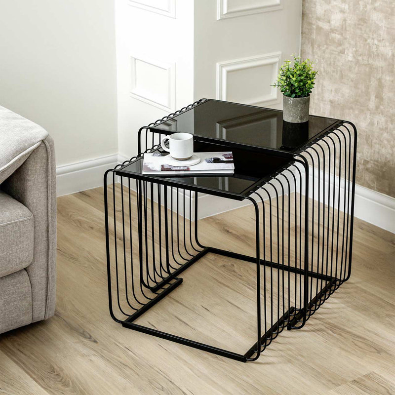 Metal Black Nesting Table For Living Room Furniture, Nest of Tables with Glass Top, End Table