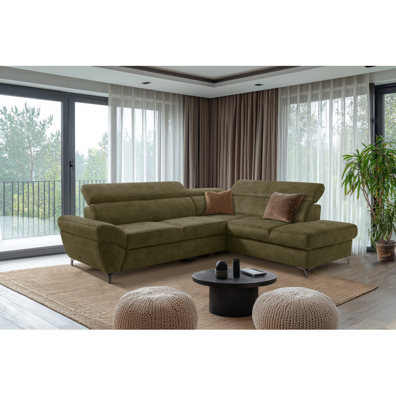 MONTANA Fabric Corner Sofa with Sleeping Function and Storage and Adjustable Headrests, Right Hand Facing, Green