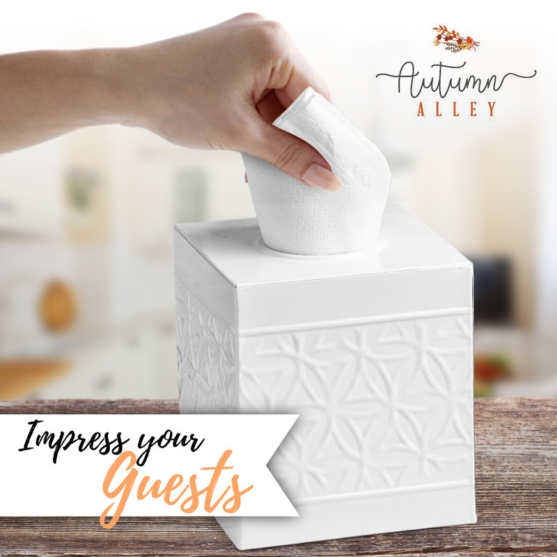Glossy White Embossed Metal Square Tissue Box Cover