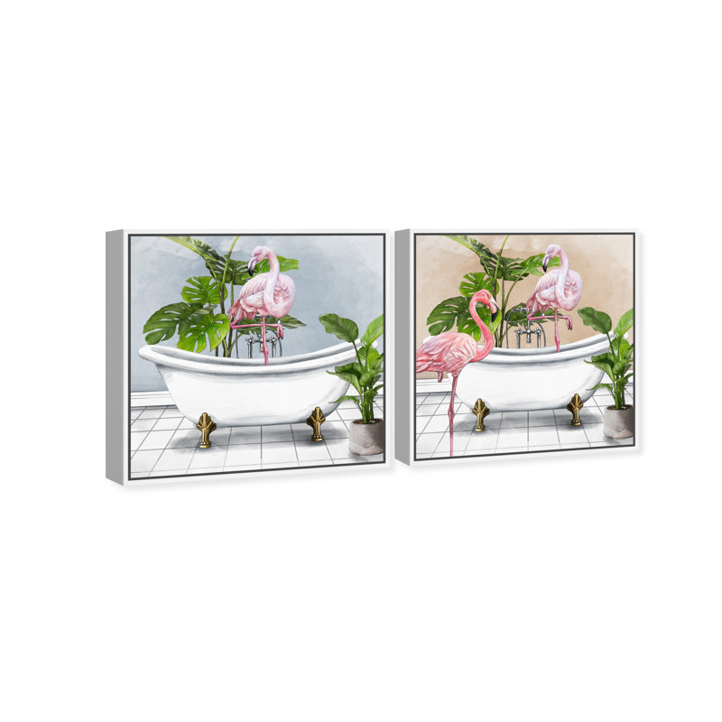 «Bathaign Flamingo», ensemble de 2 impressions, H 25 po x l 50 po, Toile avec cadre blanc