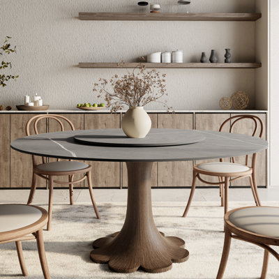 Table de salle à manger ronde ronde en bois massif avec base rotative à 360 ° pour 6 à 10 personnes