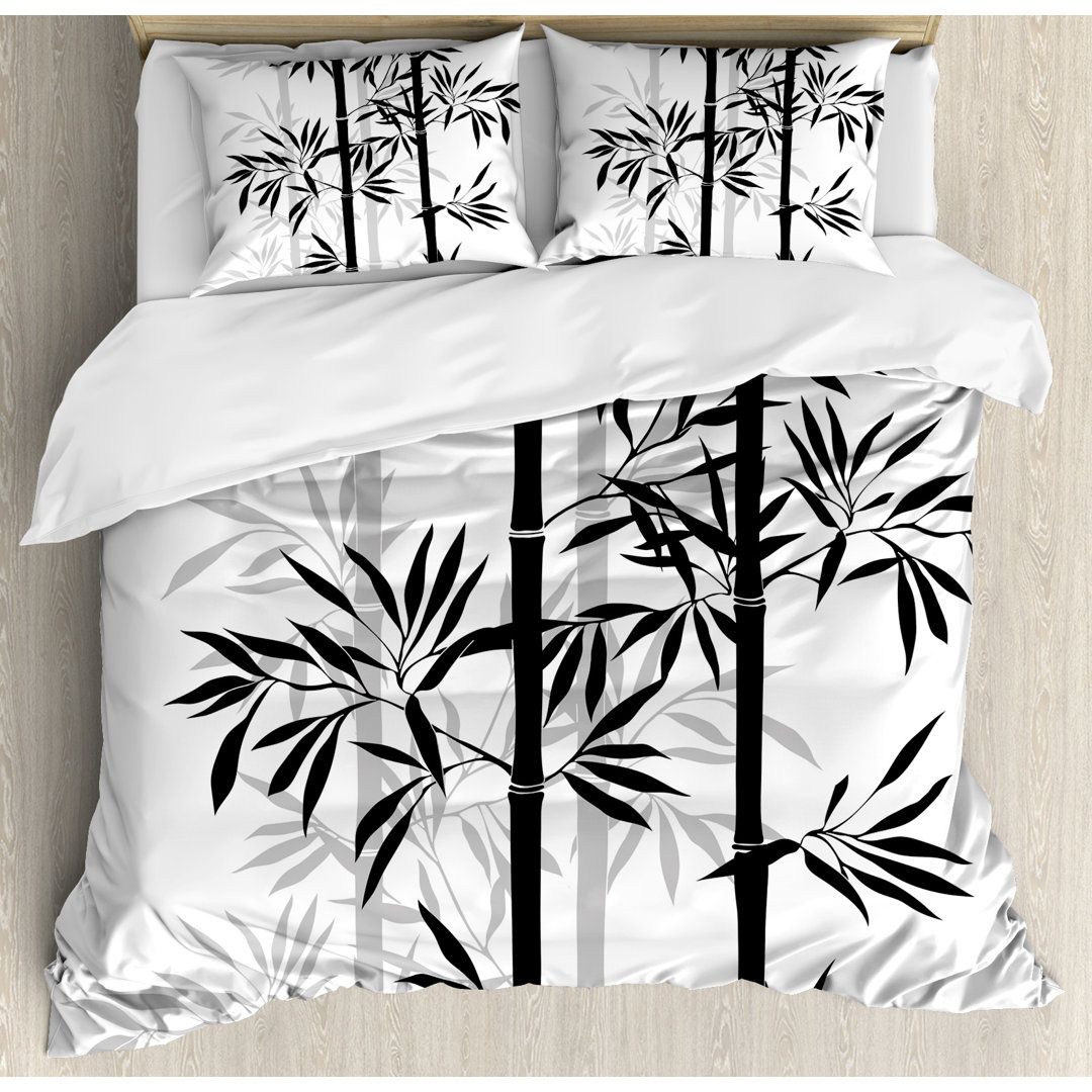 Tree of Life Silhouette of Spiritual Bamboo Tree Leaves Japanese Zen Feng Shui Boho Image Duvet Cover Set Ambesonne