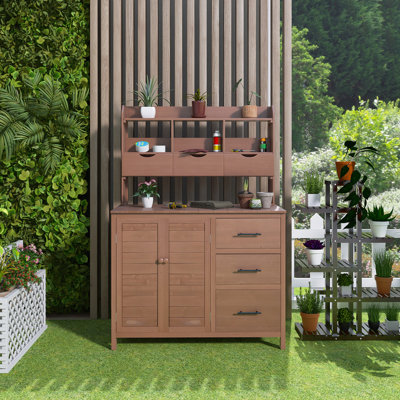 Banc de rempotage extérieur H 65 po, poste de travail de jardin, îlot de cuisine extérieur, clous de sol anti-basculement, 6 tiroirs, armoire inférieure, tablette réglable, crochet latéral, facile à installer
