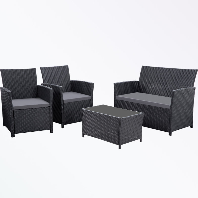 4-Piece Wicker Patio Set with soft Cushions and coffee table, Grey, Black