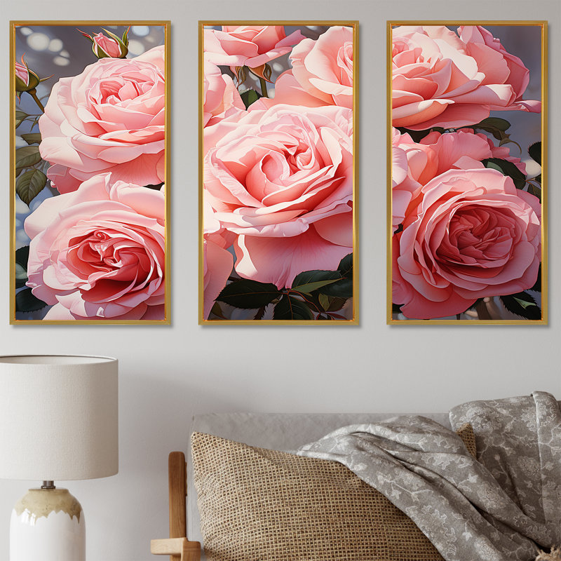 Minimalisme «Pink Roses Dream» - ensemble d'art mural Roses, Cadre flottant doré, H 32 po x l 48 po x P 1 po