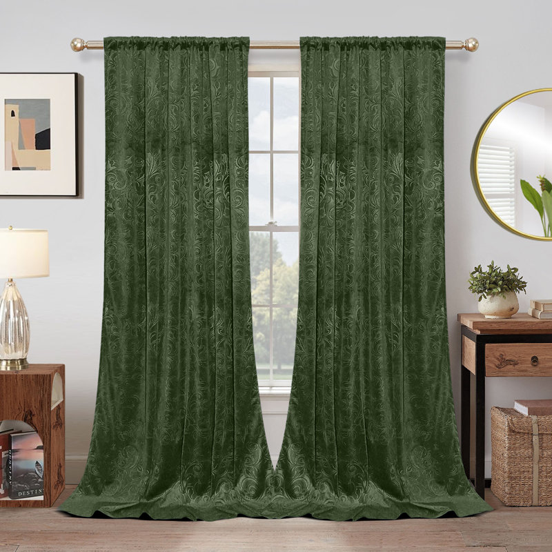 Rideaux occultant luxueux en velours à motif floral damassé et isolant thermique, L 52 po x L 84 po, Vert