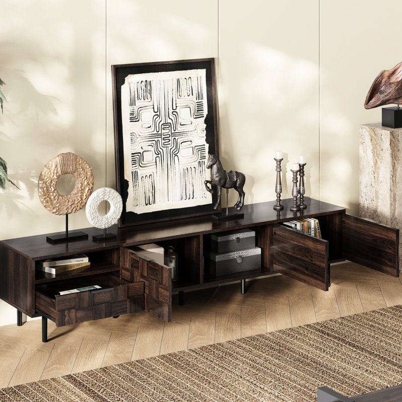 Console 78 po pour téléviseur de 70 à 79 po, support minimaliste avec armoires de rangement dans le salon, 3 armoires à fermeture douce, 1 tiroir profond, tablette ouverte, quincaillerie, capacité de charge totale de 220 lb