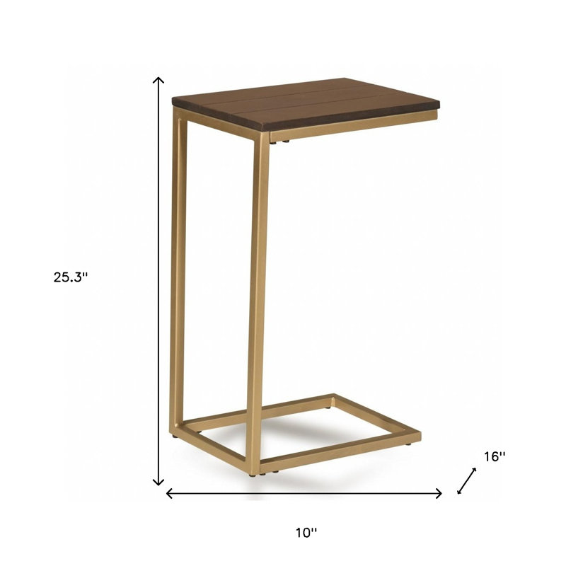 25" Oak Solid Wood Rectangular End Table, Dark Brown, Gold