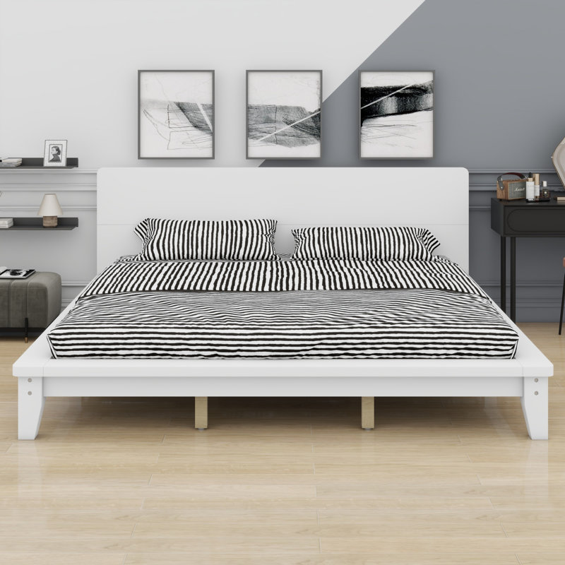 Base de lit plateforme durable avec tête de lit et lattes solides, Très grand lit, Blanc
