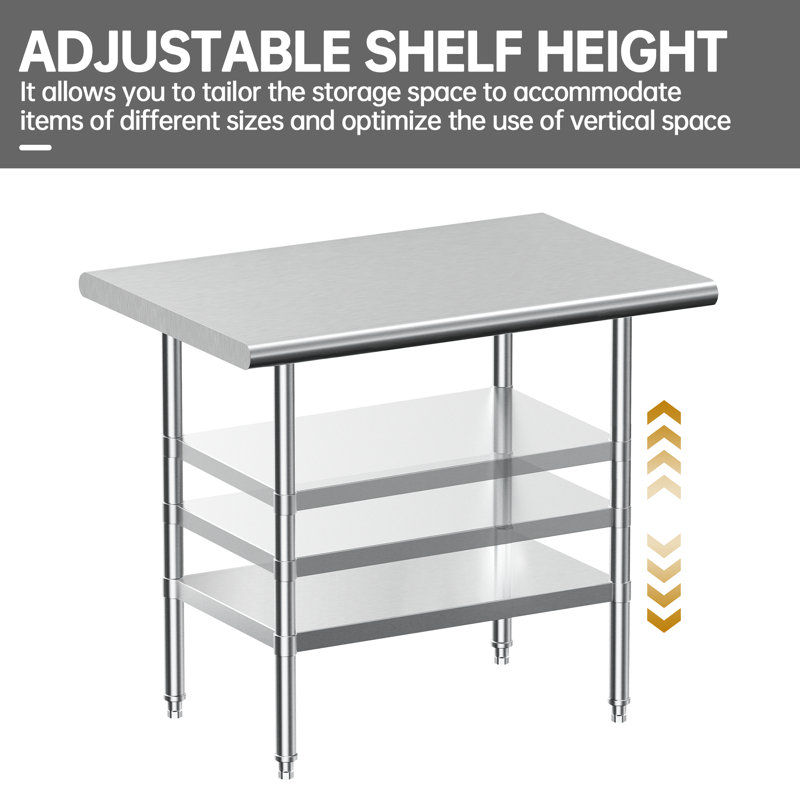 Table de travail en acier inoxydable, table de travail commerciale NSF avec tablette et pieds, P 24 po x H 34 po